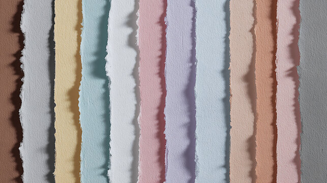 Colorful torn paper strips arranged in a vertical pattern, creating a visual display of different colors