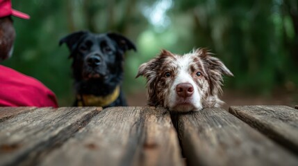 Obraz premium Two dogs relax while resting their heads on a wooden table, showcasing loyalty, companionship, and the simple joy of being together in nature's embrace.