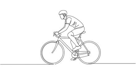 Obraz premium Continuous line drawing of a cyclist wearing helmet riding a bicycle on a flat surface in black and white