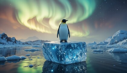 Penguin on iceberg with aurora ahead