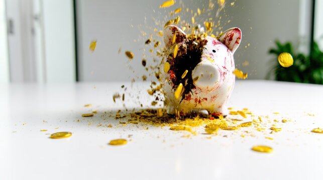 An action shot of a piggy bank being smashed open, dramatically spilling coins and revealing the urgency of financial decisions and value of savings in modern life.