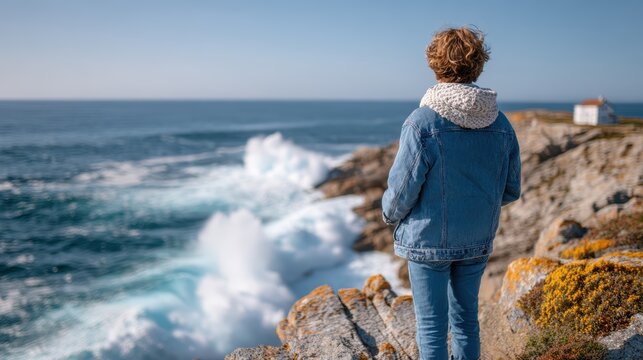 A contemplative individual standing on a cliff, gazing at the vast ocean waves, capturing the essence of serenity and connection to nature's beauty and power.
