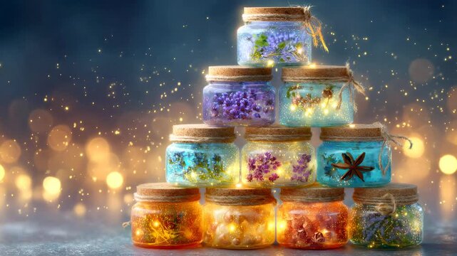 Small colorful jars filled with string lights, flowers, and spices, arranged in a sparkling pyramid shape on a dark background