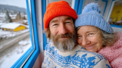A joyful elderly couple smiles warmly at the camera, embracing each other while seated next to a window, showcasing their bond and happiness in a cozy environment.