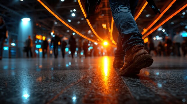 A person walks through a bustling urban area at night, illuminated by vibrant orange lights and surrounded by blurred figures of other pedestrians in the distance. - Powered by Adobe