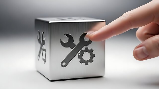 Finger interacting with a metallic cube showing a wrench and gear icon, symbolizing technical service, system optimization, support, and problem-solving solutions in a digital context