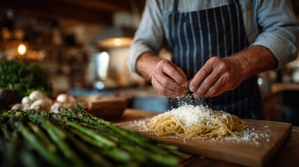 An experienced chef skillfully grates cheese over a fresh, homemade pasta dish, highlighting the importance of quality ingredients and culinary passion in cooking.