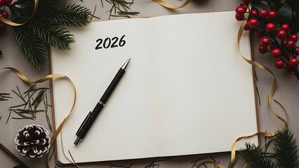 A blank notebook with the year 2026 written on it surrounded by christmas decorations and a pen on top