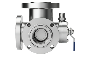 Stainless steel industrial ball valve with flange connection on a transparent background