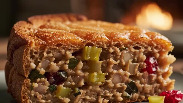 Close-up shot of a savory pie crust filled with vegetable stuffing