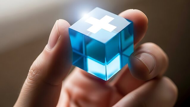 Conceptual image of modern healthcare technology, showing a hand holding a glowing blue cube with a medical plus sign
