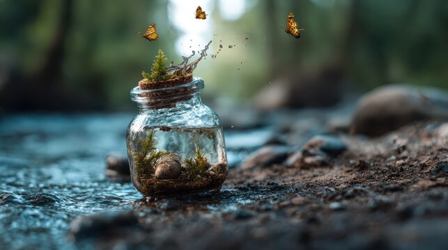 A beautiful glass jar holds a mini ecosystem with moss and a snail, while butterflies float nearby, symbolizing nature's delicate balance and magic.