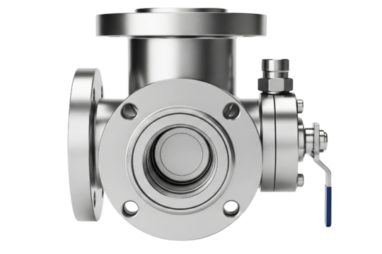 Stainless steel industrial ball valve with flange connection on a transparent background