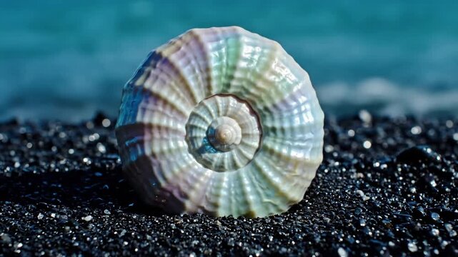Close up, detailed macro shot showcasing the intricate spiral geometry and unique surface textures of a single, pristine conch shell resting on wet sand, reflecting soft sunlight.