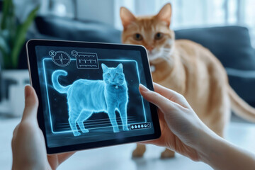 A digital tablet displays a cat health interface, aimed at a cat in a high-tech vet setting. Futuristic pet care technology