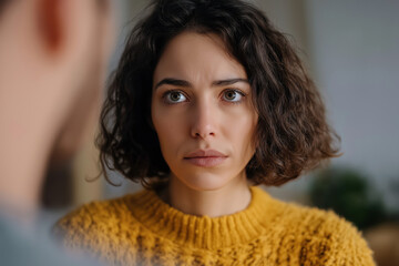 Intense eye contact and serious expression of a deeply concerned woman listening intently during a difficult relationship discussion.