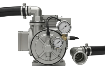 Silver industrial water pump with pressure gauges and hose on a transparent background