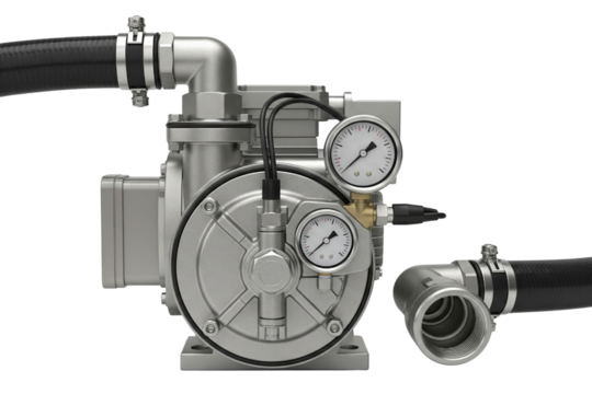Silver industrial water pump with pressure gauges and hose on a transparent background
