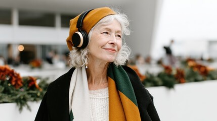 A fashionable senior woman adorned in stylish attire and headphones, smiling while enjoying music outside, portraying joy, self-expression, and a vibrant lifestyle in later years.