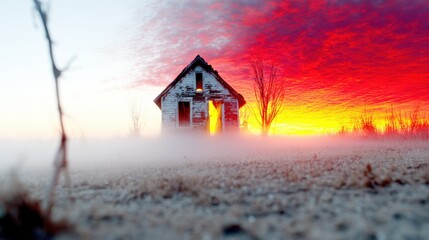 An isolated abandoned house stands against a vibrant sunset, showcasing a stunning contrast with fog and colors, evoking feelings of mystery, nostalgia, and the passage of time.