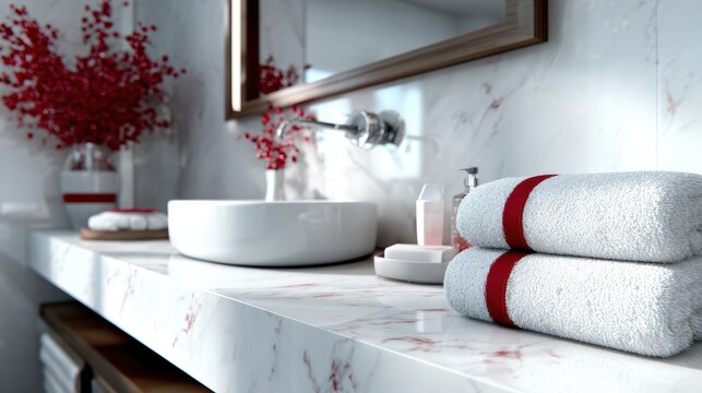 A modern bathroom featuring a round sink, plush towels, and decorative elements, creating a serene and luxurious ambiance ideal for self-care and relaxation.