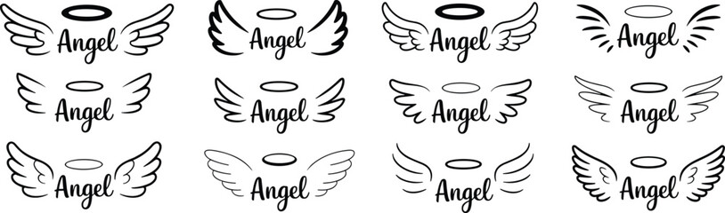 Angel word icons, halo wing designs, spiritual graphic elements, cursive typography, decorative symbols, vector set, religious theme, minimal style, branding art