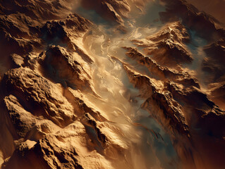 Rugged Planetary Surface with Misty Valleys