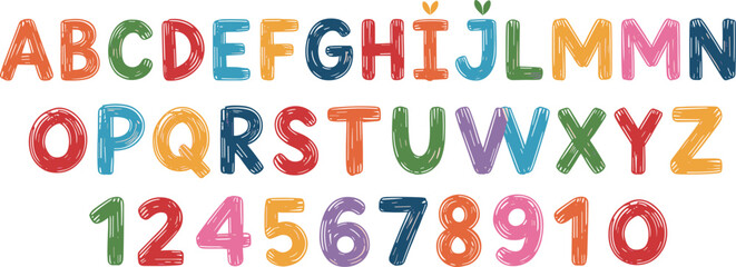 Colorful alphabet letters, playful number icons, hand-drawn style, educational vector set, decorative design, children’s learning graphics, vibrant typography elements
