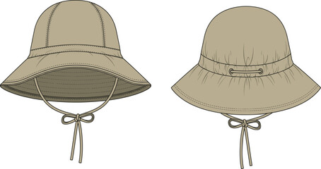 Beige wide-brimmed sun hat, front and back view, chin strap, adjustable drawstring, stitched brim, fashion accessory, outdoor gear, summer style