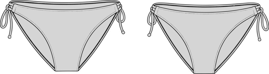 Bikini bottom sketch, side tie design, front and back view, stitched detail, fashion flat, swimwear construction, apparel illustration, beachwear