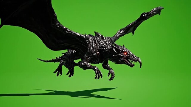 Powerful black dragon soaring with menacing red eyes, perfect for fantasy games or dark mythology projects, adding a dramatic element to your designs