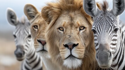 Fototapeta premium A stunning close-up scene featuring a lion and zebras, showcasing the beauty and tension of wild animal interactions in their natural habitat.