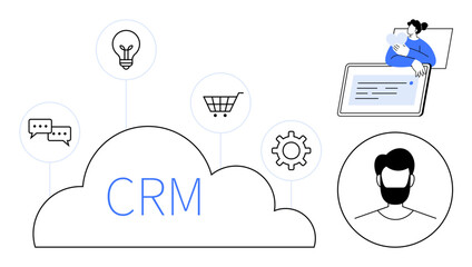 CRM concept. CRM tools support customer communication, e-commerce management, and data integration. CRM enhances user engagement and business operations. For business, communication apps, and IT