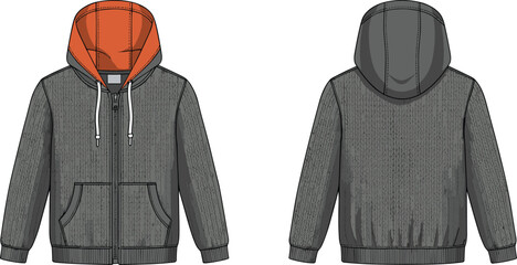 Hooded zip-up jacket sketch, front and back view, orange lining, silver zipper, drawstring hood, fashion flat, apparel design, garment construction
