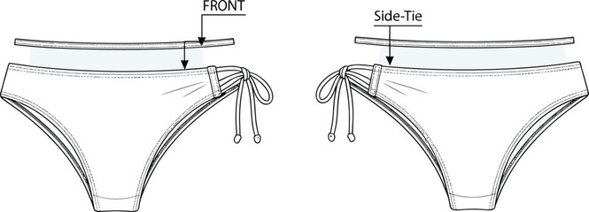 Side-tie bikini bottom sketch, front and labeled view, waistband detail, stitched seams, fashion flat, swimwear construction, apparel illustration