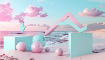Conceptual business background showing market decline and financial risk with abstract pastel elements by the sea