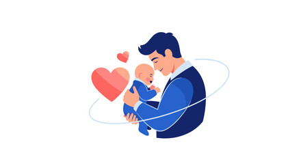 A loving father gently cradling his infant child, expressing tender affection and strong parental bond, surrounded by symbols of care.