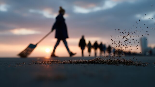 A serene sunset backdrop captures a person cleaning the beach while others stroll along the shoreline, emphasizing the importance of environmental care and community involvement.