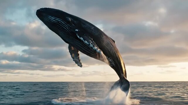 A powerful humpback whale majestically breaching high out of the vast, deep blue ocean, creating a dramatic and energetic splash. Dynamic and awe inspiring display of natural strength and freedom?