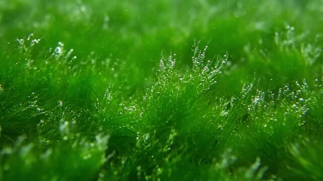 A detailed close up shot of vibrant green filamentous algae swaying gently with underwater currents, showcasing intricate textures and micro ecosystem activity.