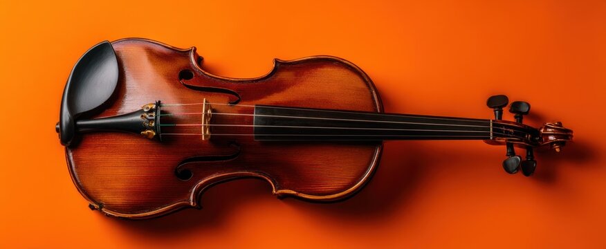 The Violin on Vibrant Orange Background with Elegant Wooden Finish and Shadows
