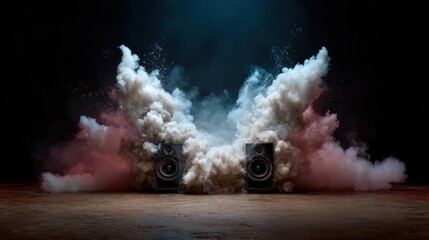 Powerful speakers sit amid colorful smoke clouds, emanating energy and excitement, symbolizing the vibrant world of music and sound in a modern artistic representation.