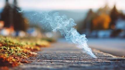 A trail of ethereal smoke rises from the sidewalk, capturing the ephemeral beauty of nature in contrast to the suburban landscape around it, ideal for artistic expressions.