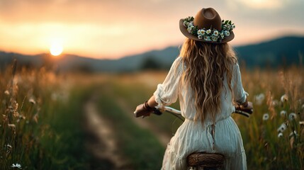A woman with a floral crown rides her bicycle through golden fields as the sun sets in the background, capturing the essence of freedom, nature, and adventure in the moment.