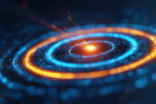 Futuristic Energy Core Ripple Effect. Concentric Blue and Orange Digital Rings Emanating Light in Dark Quantum Space.