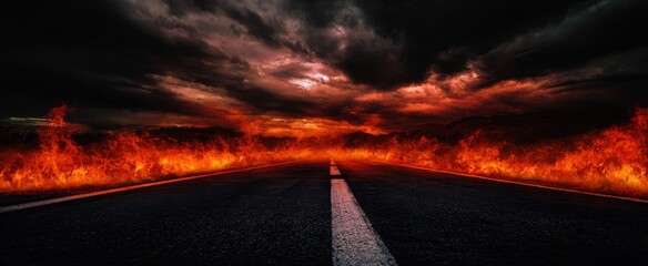 The Road to a Fiery Horizon Under Dark Storm Clouds and Dramatic Apocalyptic Sky