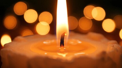 Burning Candle Flame with Bokeh Lights: Warmth, Peace, and Serenity