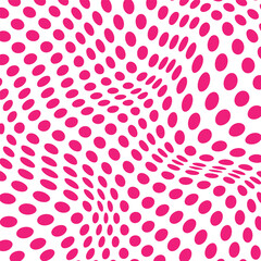  Abstract monochrome backdrop red and white polka dot wave distort pattern. Background with points, dots, circles. Futuristic panel. Vector illustration