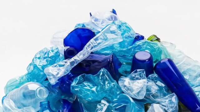 A heap of crushed blue plastic bottles and bags scattered under bright light, reflecting grim waste