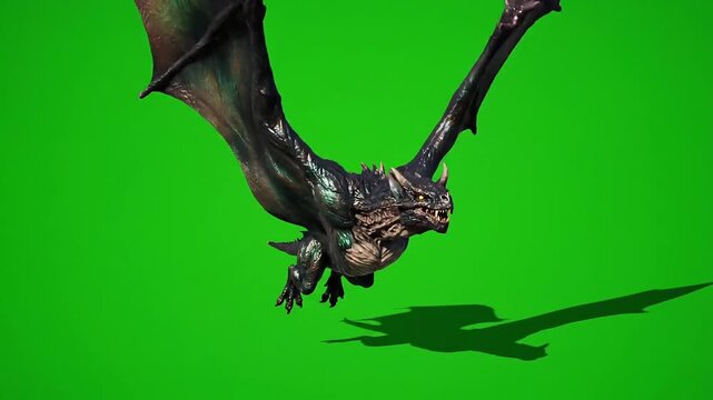 Epic dragon soars on green screen ready for VFX composites and fantasy storytelling, perfect for game developers or cinematic effects